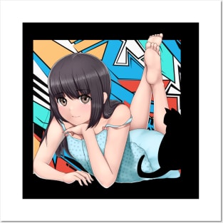 Anime Girl with black cat Posters and Art